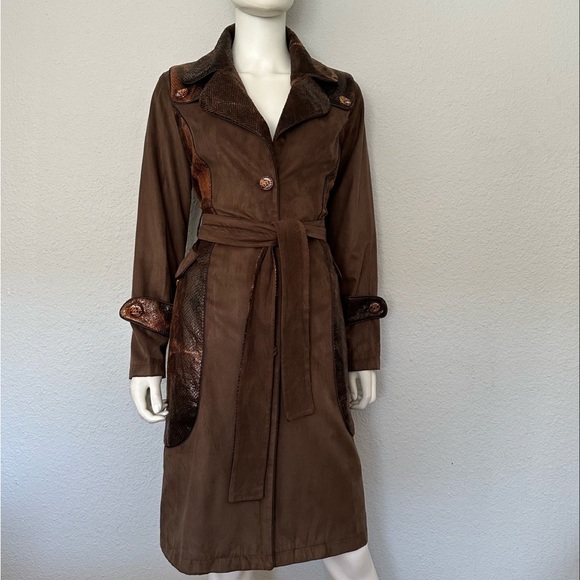SALE🔥🔥NWT WOMEN TRENCH COAT LINED BELTED COAT ANIMAL PRINT VELOUR JACKET BROWN - Picture 6 of 15